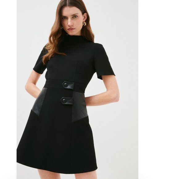 Structured Crepe Pu Contrast A Line Dress - Picture 2 of 6